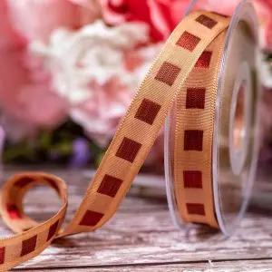 15mm Broze Ribbon With Copper Stitched Squares By Berisfords Ribbons