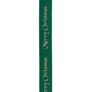 10mm Green Satin Ribbon With Gold Merry Christmas Print By Berisfords Ribbons