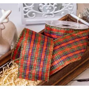 Red Green Blue And Gold Tartan Style Ribbon 63mm