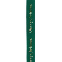 10mm Green Satin Ribbon With Gold Merry Christmas Print By Berisfords Ribbons