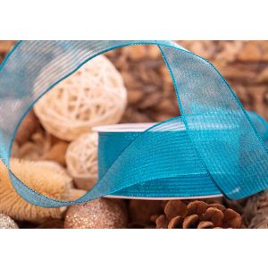 38mm Peacock Blue Metallic Stripe Mesh Ribbon
