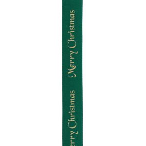 10mm Green Satin Ribbon With Gold Merry Christmas Print By Berisfords Ribbons