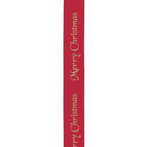 10mm Red Satin Ribbon With Gold Merry Christmas Print By Berisfords Ribbons