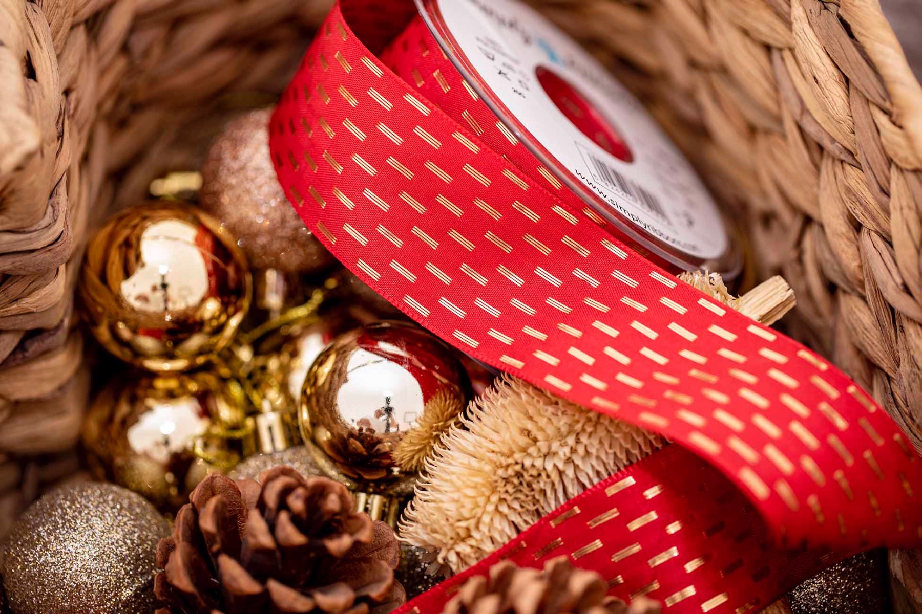 Red Taffeta Ribbon With Gold Stitching